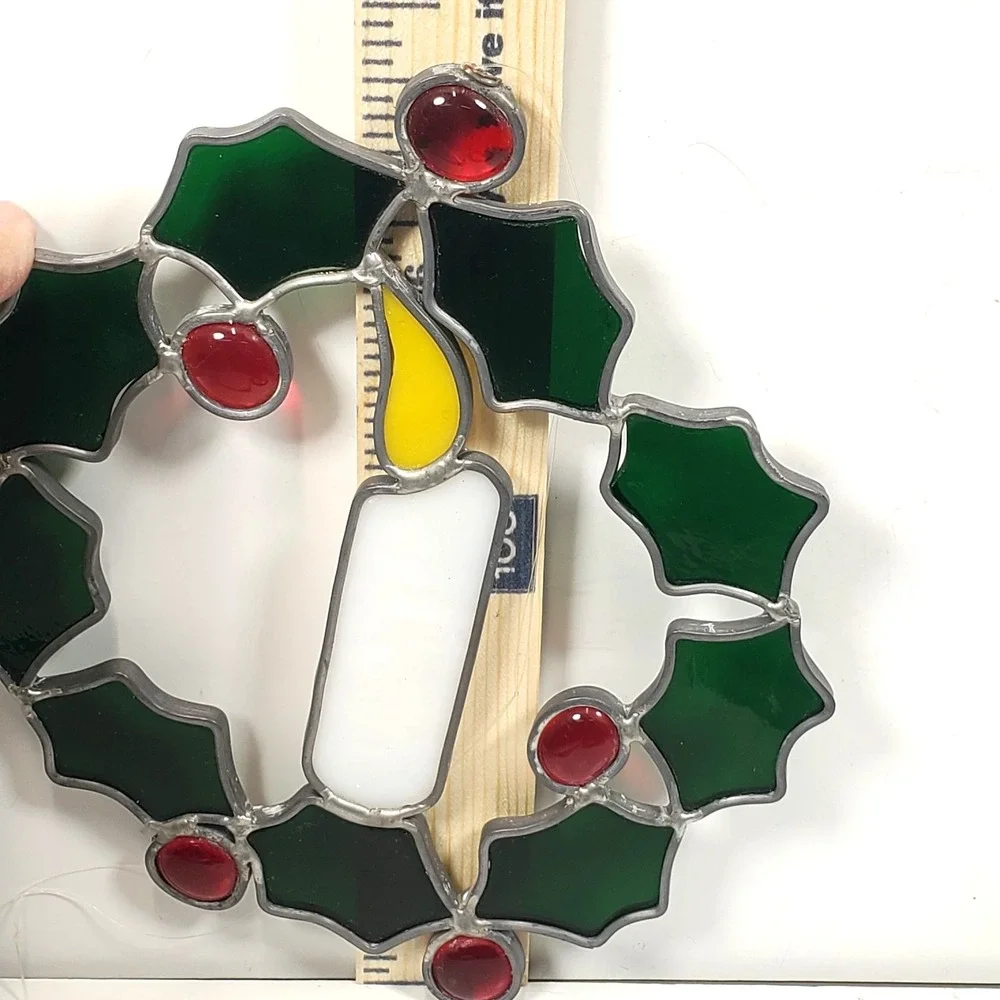 Stained Glass Christmas Candle In Wreath Suncatcher 7 1/2